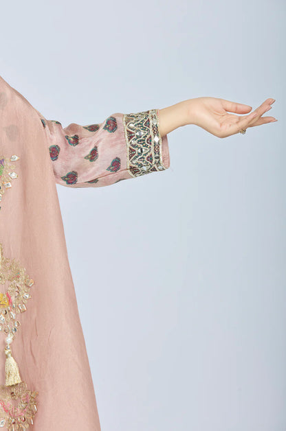 Designer Partywear Peach Chinon Kurta Set with Straight Pants and Organza Jacket With Gota Patti And Mirrorwork