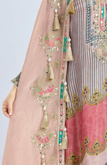 Designer Partywear Peach Chinon Kurta Set with Straight Pants and Organza Jacket With Gota Patti And Mirrorwork