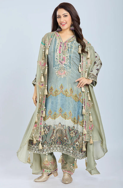 Designer Partywear Pista Green Chinon Kurta Set with Straight Pants and Organza Jacket With Gota Patti And Mirrorwork