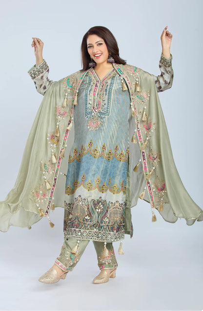 Designer Partywear Pista Green Chinon Kurta Set with Straight Pants and Organza Jacket With Gota Patti And Mirrorwork