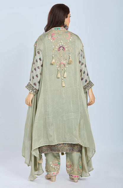 Designer Partywear Pista Green Chinon Kurta Set with Straight Pants and Organza Jacket With Gota Patti And Mirrorwork