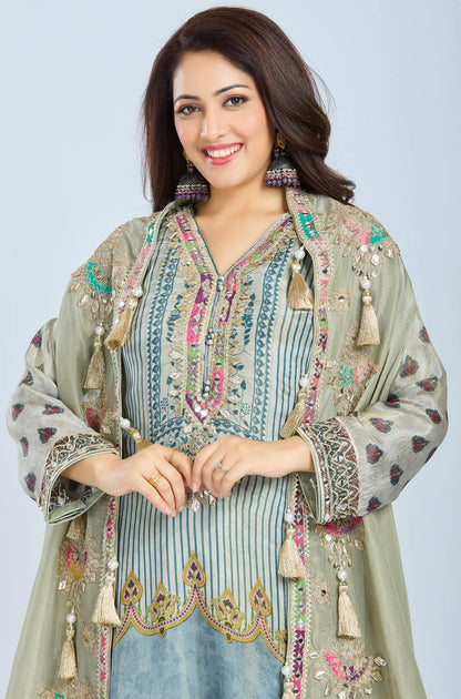 Designer Partywear Pista Green Chinon Kurta Set with Straight Pants and Organza Jacket With Gota Patti And Mirrorwork