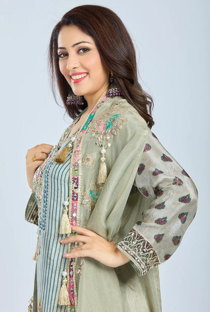 Designer Partywear Pista Green Chinon Kurta Set with Straight Pants and Organza Jacket With Gota Patti And Mirrorwork