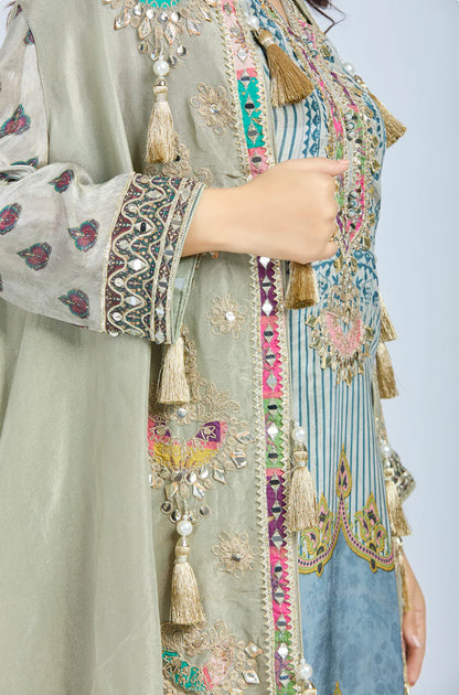 Designer Partywear Pista Green Chinon Kurta Set with Straight Pants and Organza Jacket With Gota Patti And Mirrorwork