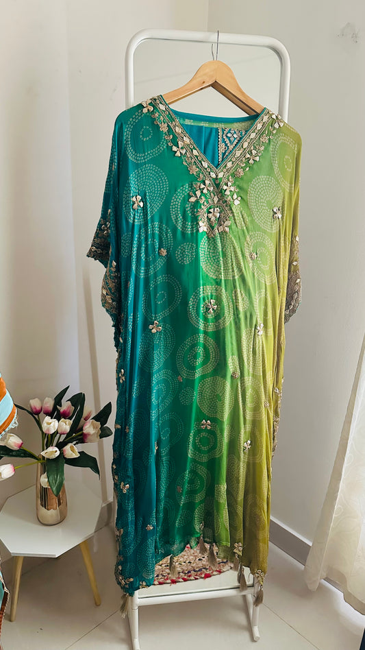 Designer Aqua Green And Neon Green Ombre Effect Pure Chinon Kaftan