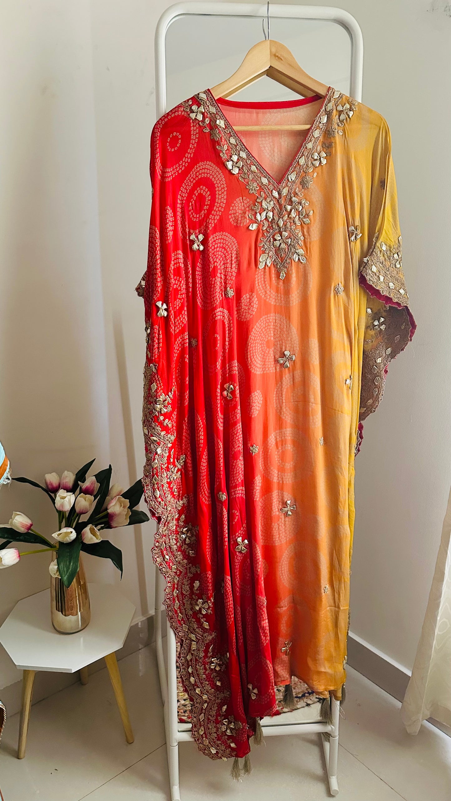 Red And Yellow Ombre Effect Pure Chinon Kaftan Set