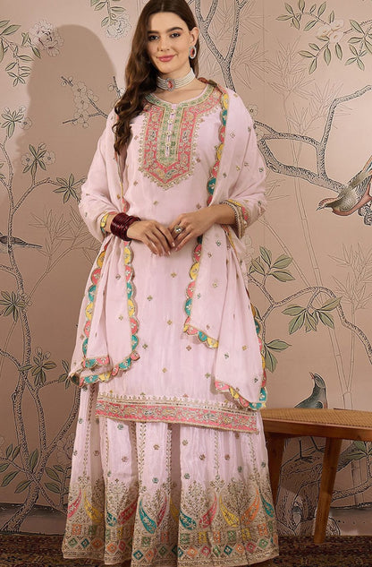 Partywear Designer Baby Pink Zari Embroidered Silk Blend Laacha