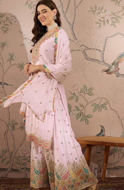 Partywear Designer Baby Pink Zari Embroidered Silk Blend Laacha
