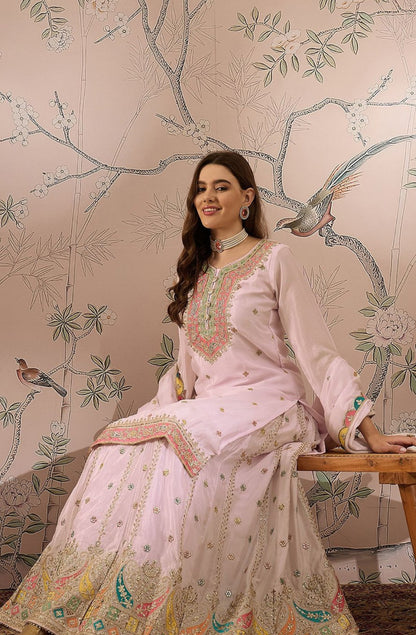 Partywear Designer Baby Pink Zari Embroidered Silk Blend Laacha