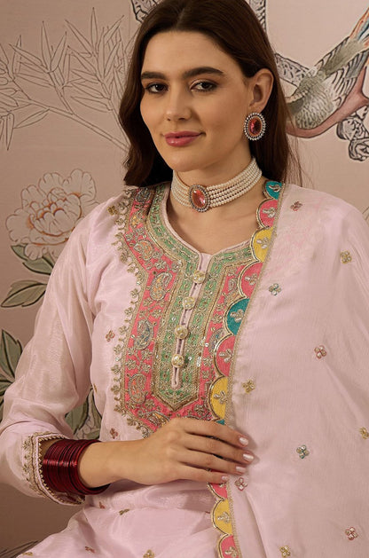 Partywear Designer Baby Pink Zari Embroidered Silk Blend Laacha