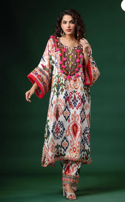 Pure Cotton Linen Fabric Ikkat Print Chogha/Phiren Co-ord Set