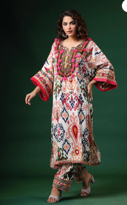 Pure Cotton Linen Fabric Ikkat Print Chogha/Phiren Co-ord Set