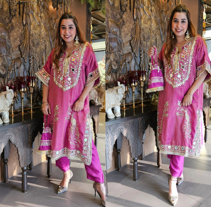 Shimmer Tunic with Gota Patti and Mirror work with matching straight pants.