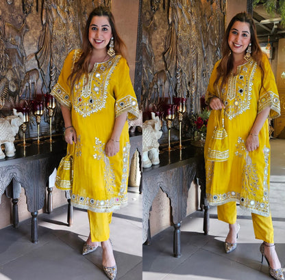 Shimmer Tunic with Gota Patti and Mirror work with matching straight pants.