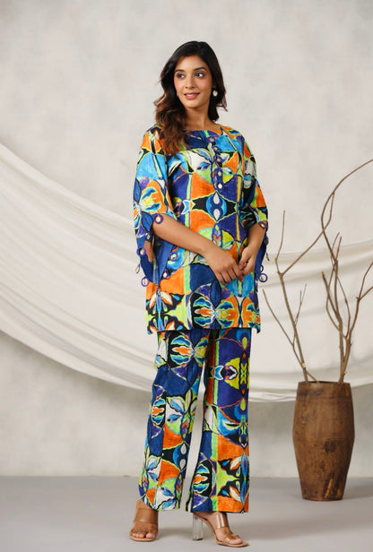 Multicoloured Coord Set With Coin Tassels In Muslin