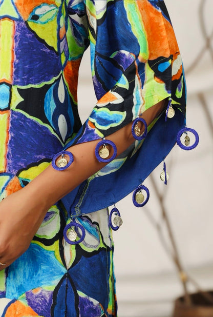 Multicoloured Coord Set With Coin Tassels In Muslin