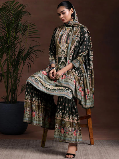Pure Printed Crepe Black Sharara Suit with mirror work & Accessory Work