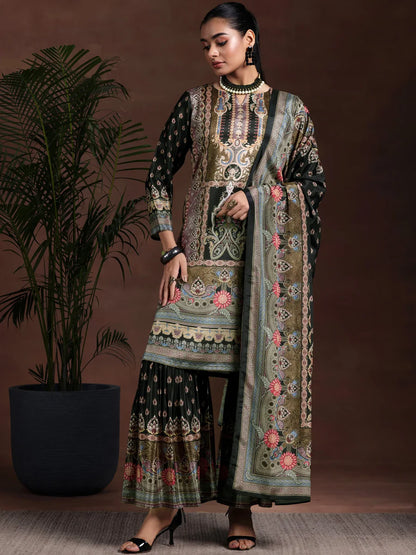 Pure Printed Crepe Black Sharara Suit with mirror work & Accessory Work