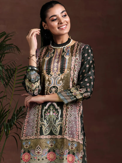 Pure Printed Crepe Black Sharara Suit with mirror work & Accessory Work