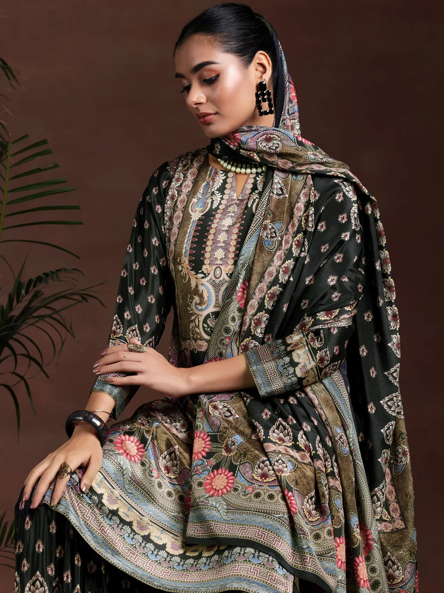 Pure Printed Crepe Black Sharara Suit with mirror work & Accessory Work