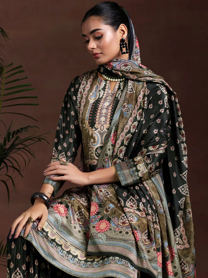 Pure Printed Crepe Black Sharara Suit with mirror work & Accessory Work
