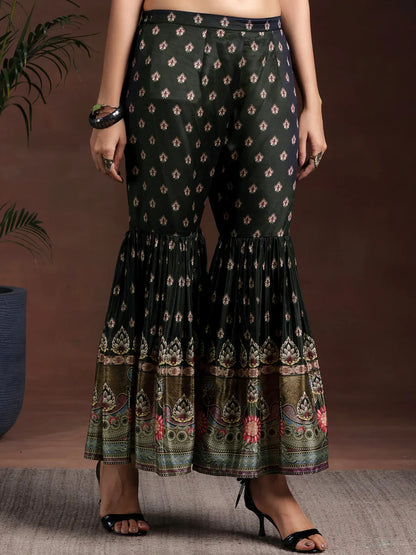 Pure Printed Crepe Black Sharara Suit with mirror work & Accessory Work