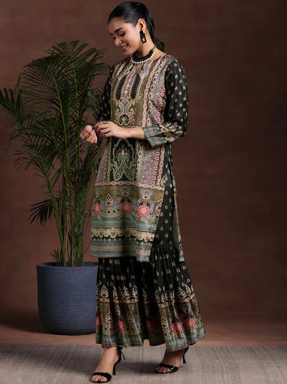 Pure Printed Crepe Black Sharara Suit with mirror work & Accessory Work