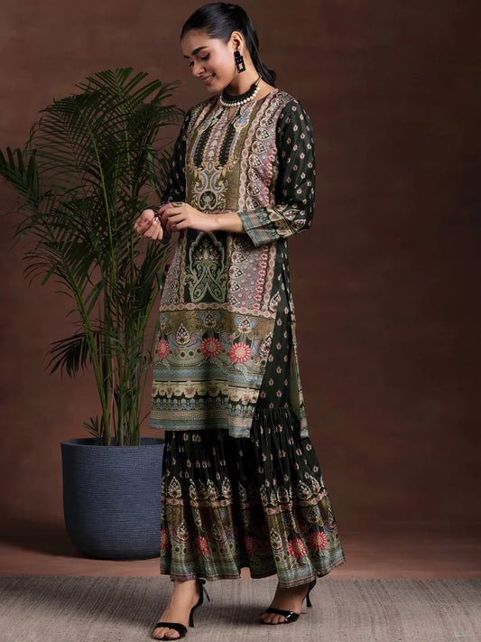 Pure Printed Crepe Black Sharara Suit with mirror work & Accessory Work
