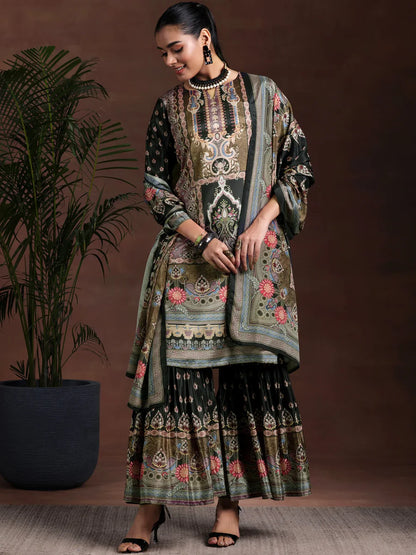 Pure Printed Crepe Black Sharara Suit with mirror work & Accessory Work