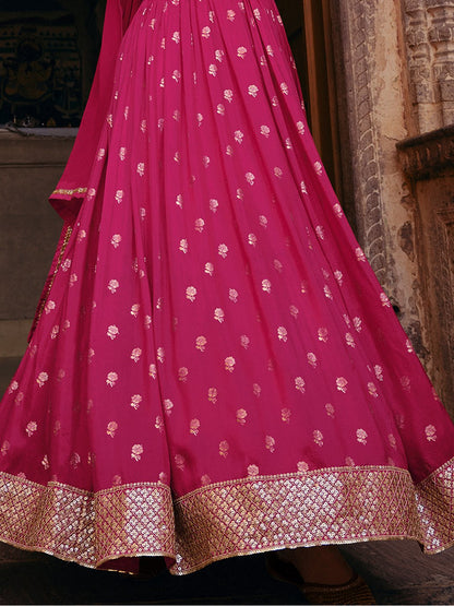 Magenta Viscose Jacquard Silk Alia Cut Gown With Sequins & Embroidery
