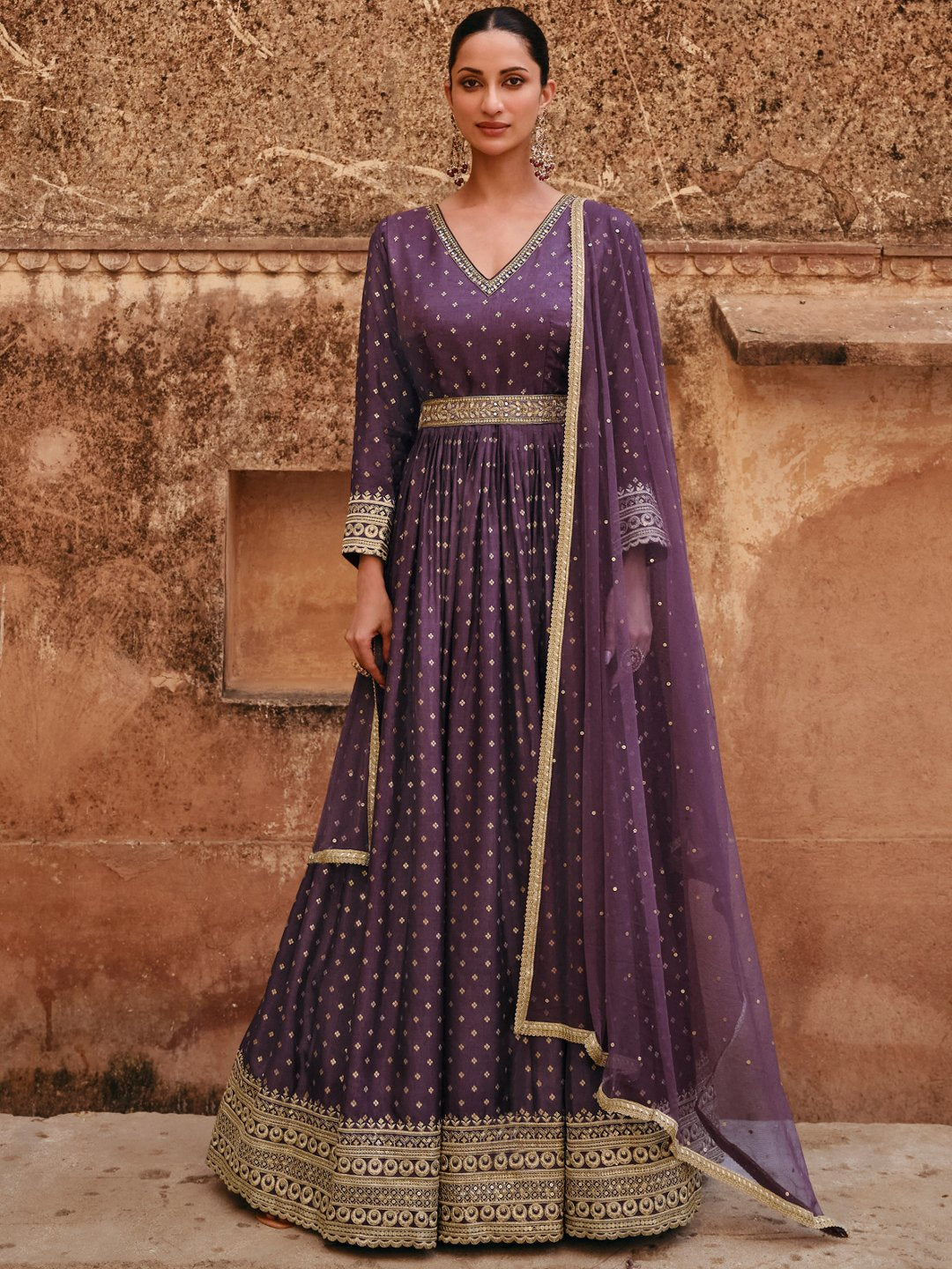 Purple Viscose Jacquard Silk Alia Cut Gown With Sequins & Embroidery