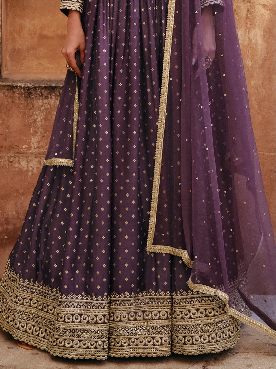 Purple Viscose Jacquard Silk Alia Cut Gown With Sequins & Embroidery