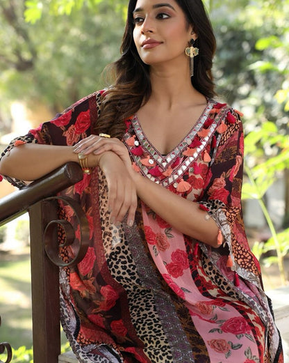 Pure Crepe Chinon Floral Print Kaftan Suit