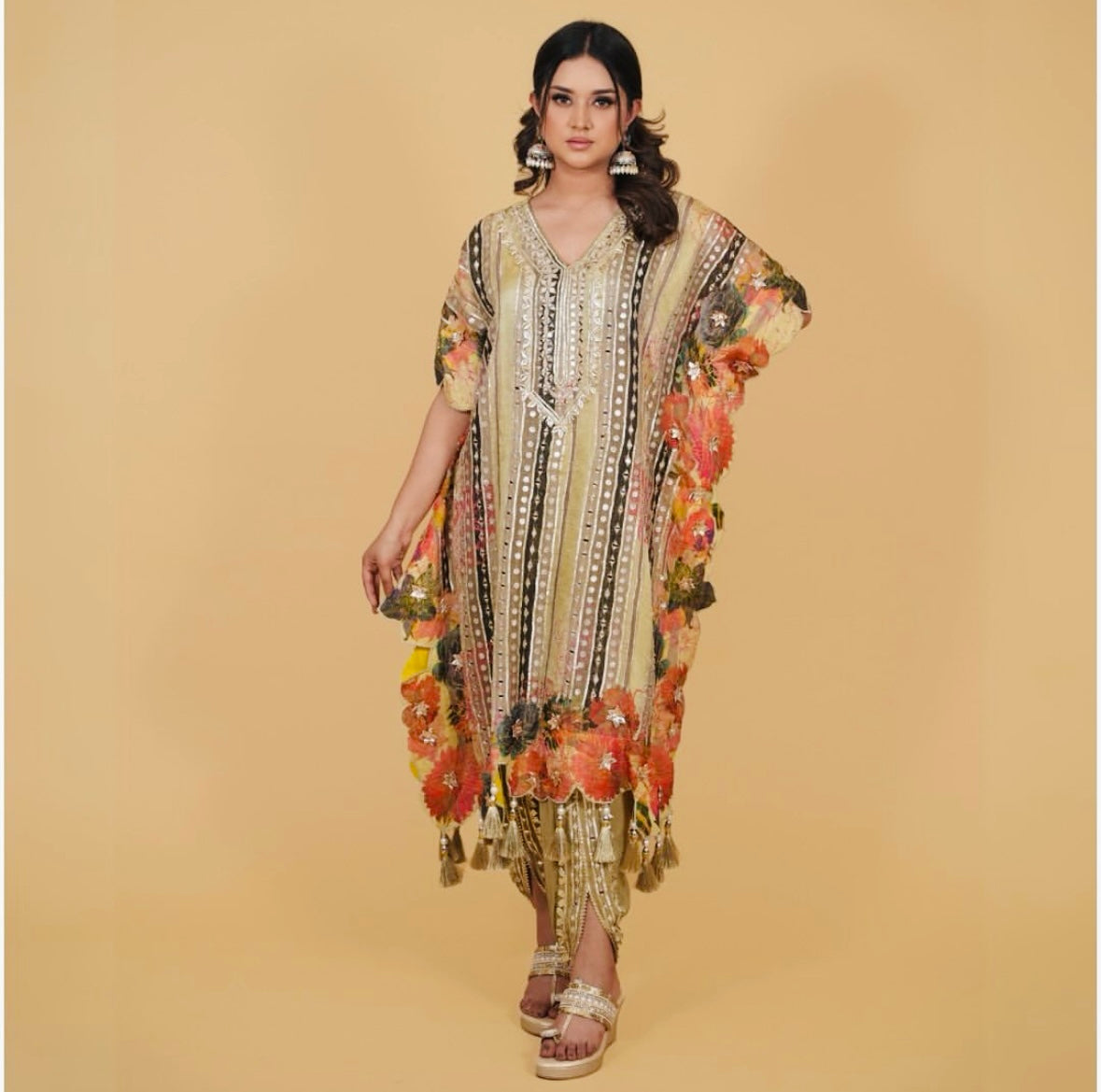 Mehendi Green Pure Tissue Crepe Kaftan Set