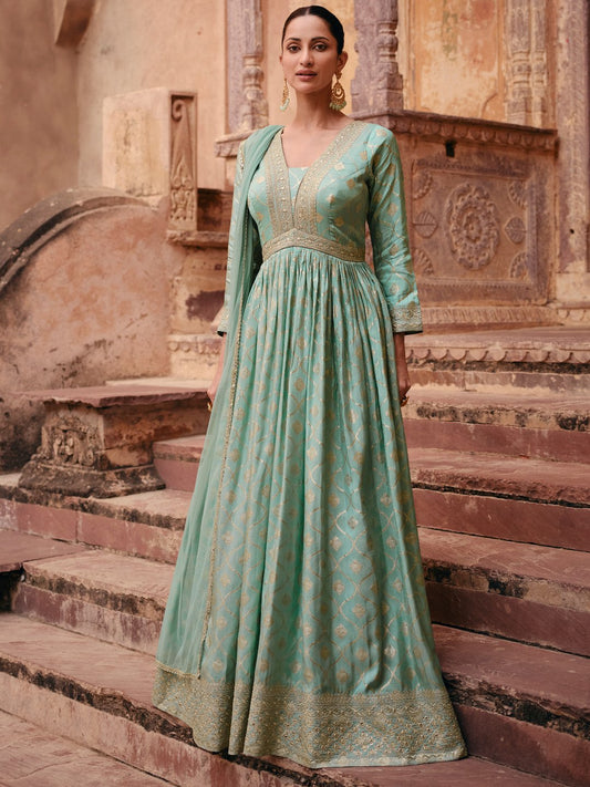 Pista Green Viscose Jacquard Silk Alia Cut Gown With Sequins & Embroidery