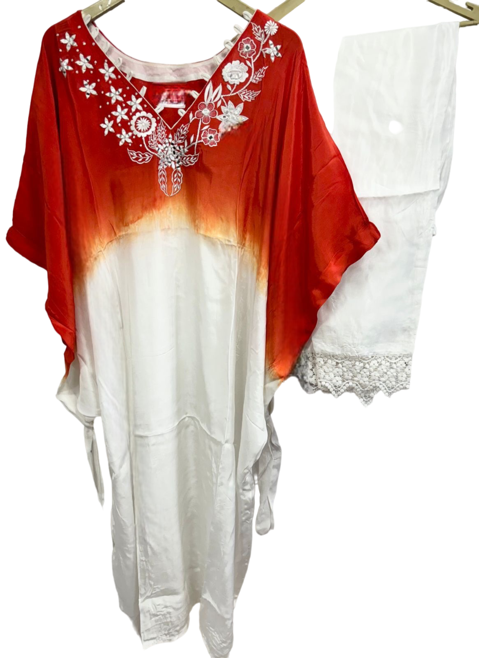 Off White and Rust Orange Ombre Kaftan Tunic with Pant