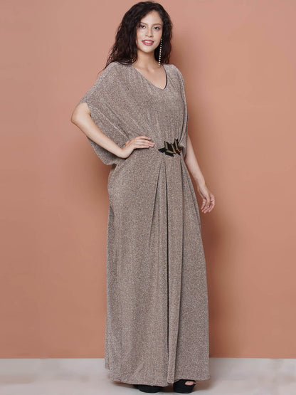 Partywear Designer Golden Beige Hand Embellished Kaftan Gown
