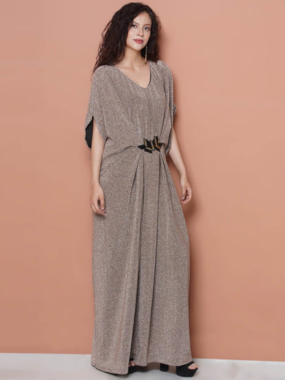 Partywear Designer Golden Beige Hand Embellished Kaftan Gown