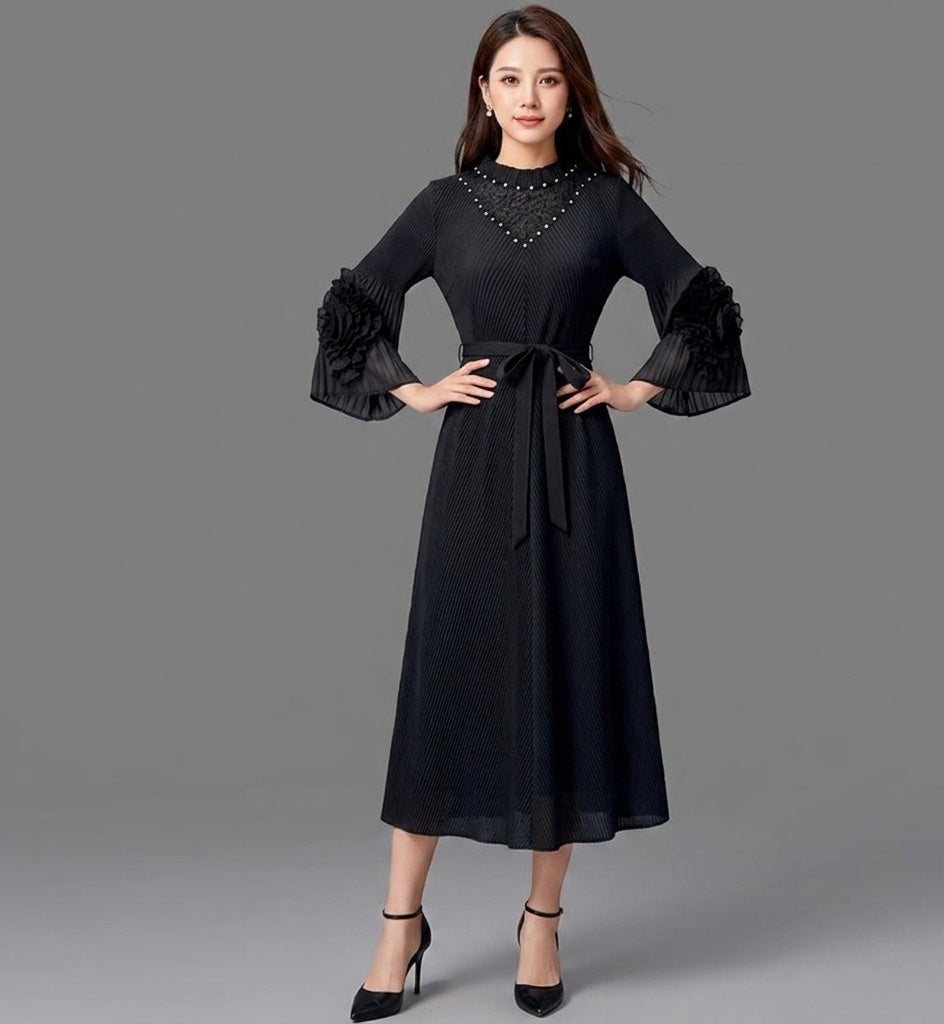 Imported High-End Pleated Magic Fabric Dress with Designer Sleeves