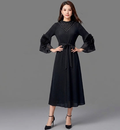 Imported High-End Pleated Magic Fabric Dress with Designer Sleeves