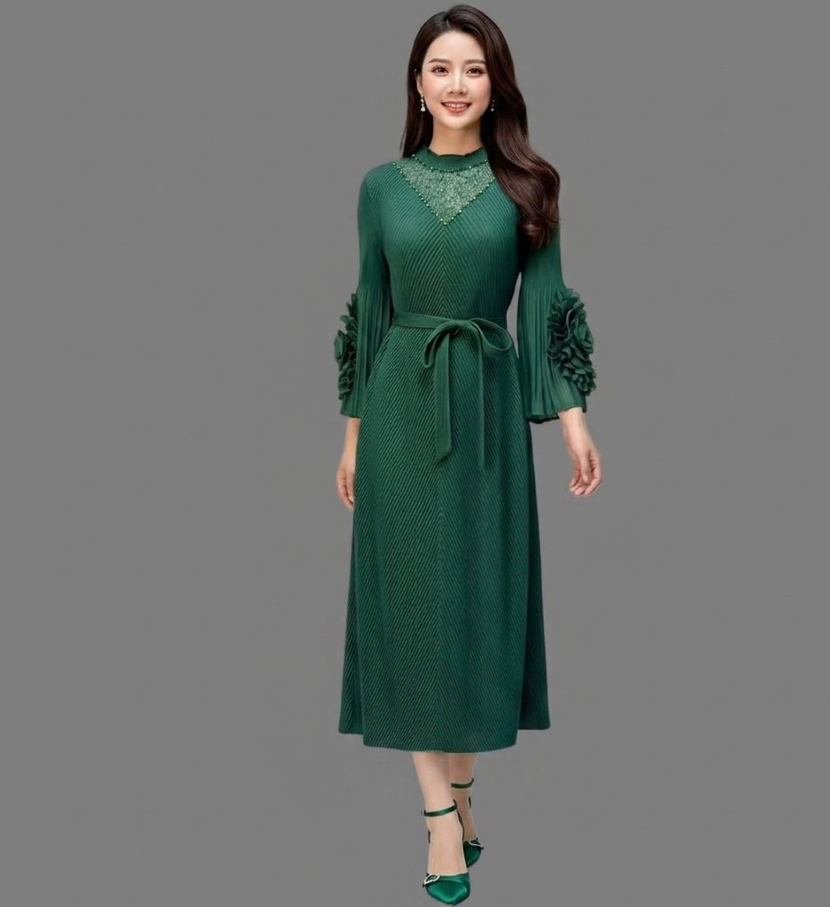 Imported High-End Pleated Magic Fabric Dress with Designer Sleeves
