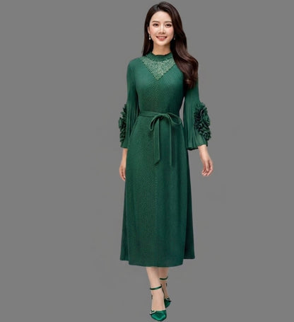 Imported High-End Pleated Magic Fabric Dress with Designer Sleeves