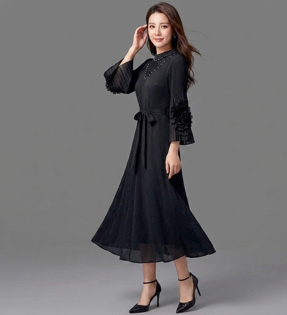 Imported High-End Pleated Magic Fabric Dress with Designer Sleeves