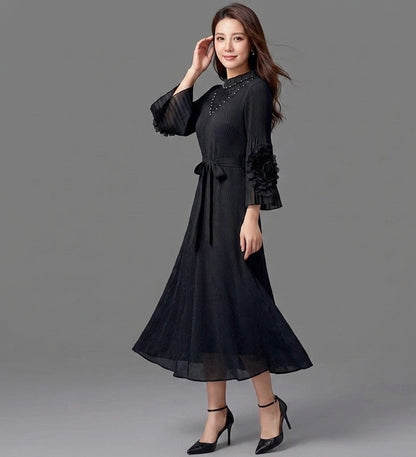 Imported High-End Pleated Magic Fabric Dress with Designer Sleeves