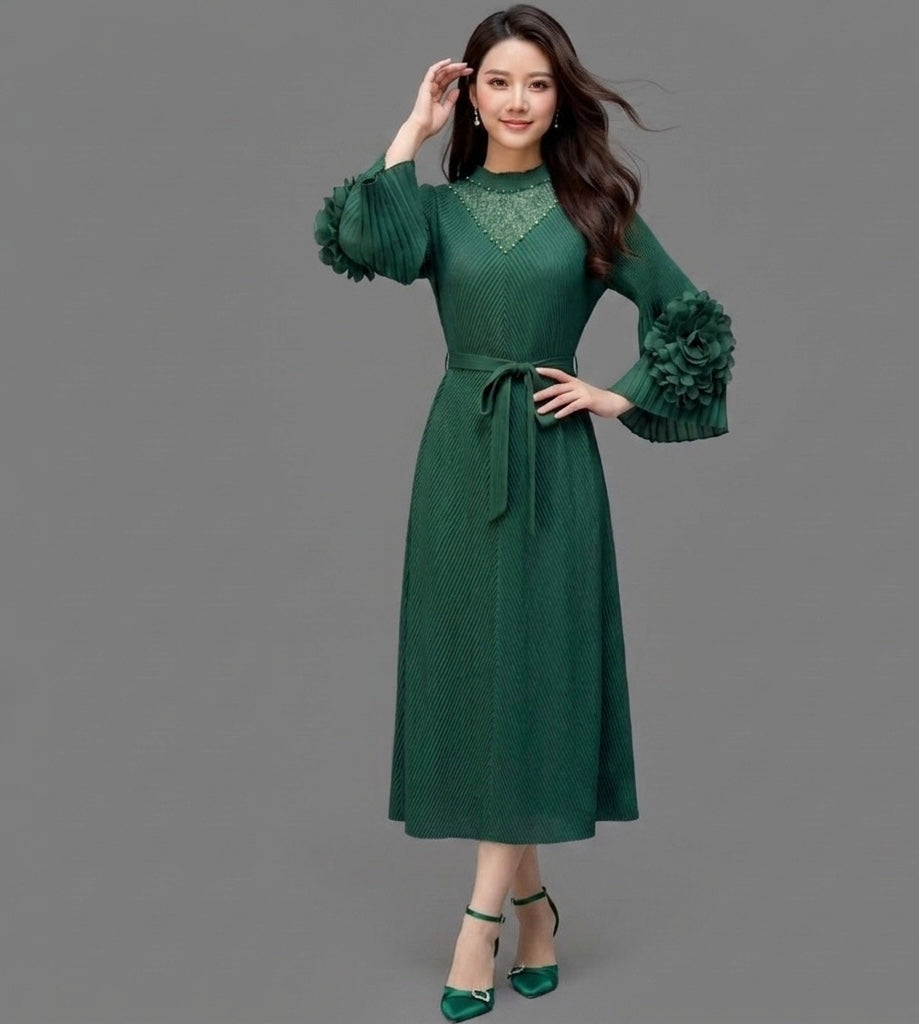 Imported High-End Pleated Magic Fabric Dress with Designer Sleeves