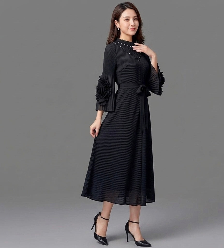 Imported High-End Pleated Magic Fabric Dress with Designer Sleeves