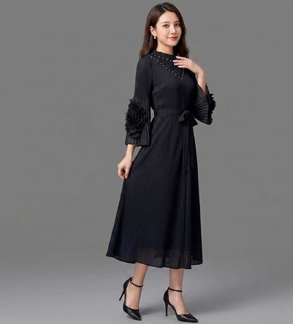Imported High-End Pleated Magic Fabric Dress with Designer Sleeves