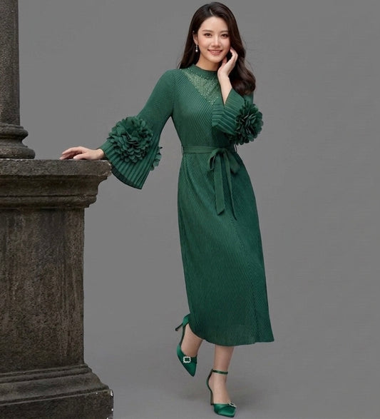 Imported High-End Pleated Magic Fabric Dress with Designer Sleeves