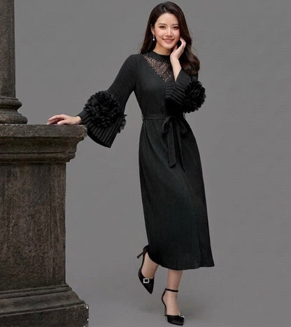 Imported High-End Pleated Magic Fabric Dress with Designer Sleeves