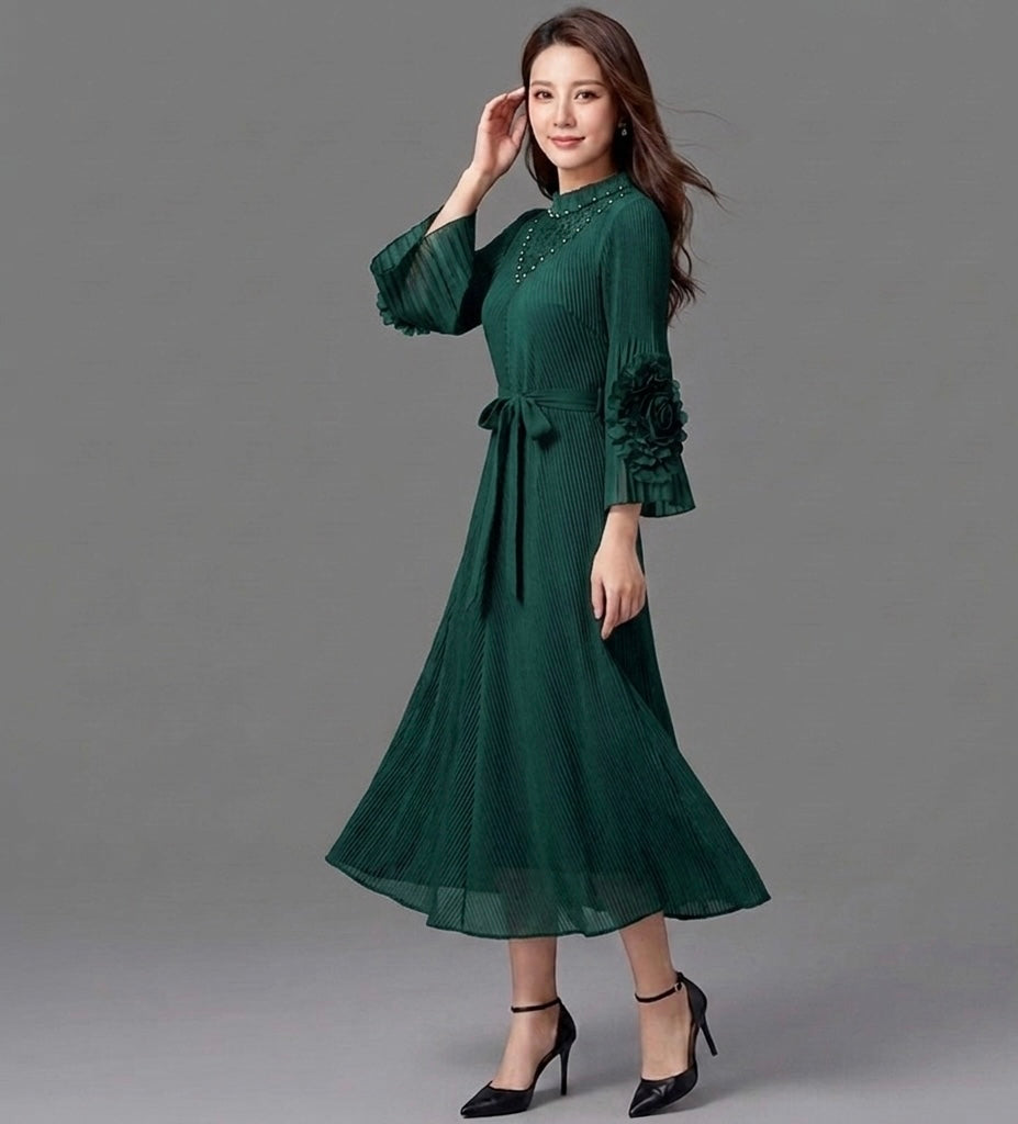 Imported High-End Pleated Magic Fabric Dress with Designer Sleeves